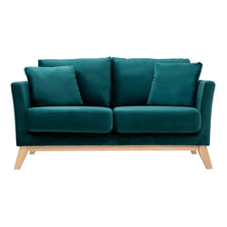 Canapé scandinave déhoussable 2 places en tissu velours bleu pétrole et bois clair OSLO