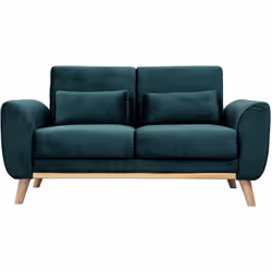 Canapé scandinave 2 places en tissu velours bleu pétrole et bois clair EKTOR
