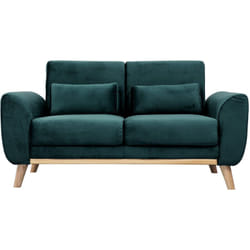 Canapé scandinave 2 places en tissu velours bleu pétrole et bois clair EKTOR