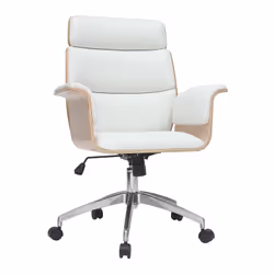 Fauteuil de bureau à roulettes design blanc, bois clair et acier chromé ELON