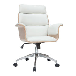 Fauteuil de bureau à roulettes design blanc, bois clair et acier chromé ELON