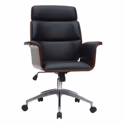 Fauteuil de bureau à roulettes design noir, bois foncé noyer et acier chromé ELON