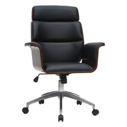 Fauteuil de bureau à roulettes design noir, bois foncé noyer et acier chromé ELON