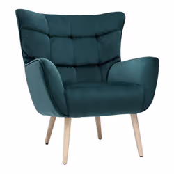 Fauteuil scandinave en tissu velours bleu pétrole et bois clair AVERY
