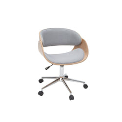 Chaise de bureau à roulettes design en tissu gris, bois clair et acier chromé bent