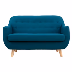 Canapé scandinave déhoussable 2 places en tissu bleu canard et bois clair YNOK