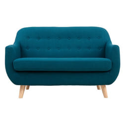 Canapé scandinave déhoussable 2 places en tissu bleu canard et bois clair YNOK