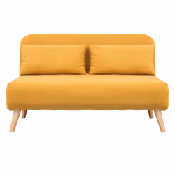 Chauffeuse 2 places convertible en tissu effet velours moutarde et bois clair AMIKO