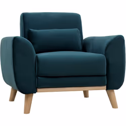 Fauteuil scandinave en tissu velours bleu pétrole et bois clair EKTOR