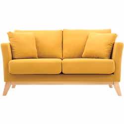 Canapé scandinave déhoussable 2 places en tissu effet velours jaune moutarde et bois clair OSLO