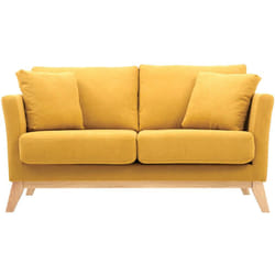 Canapé scandinave déhoussable 2 places en tissu effet velours jaune moutarde et bois clair OSLO