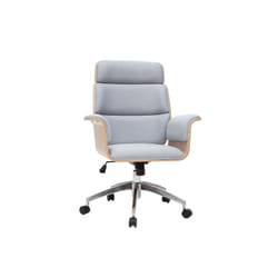 Fauteuil de bureau à roulettes design en tissu gris clair, bois clair et acier chromé elon