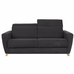 Canapé convertible avec têtières ajustables 3 places en tissu effet velours gris anthracite et bois clair avec matelas 13 cm ...