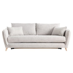 Canapé convertible scandinave 3 places en tissu gris clair chiné et bois clair avec matelas 10 cm CREEP