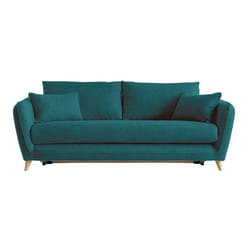 Canapé convertible scandinave 3 places en tissu bleu paon et bois clair avec matelas 10 cm CREEP