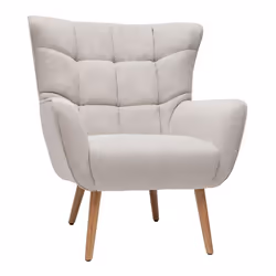 Fauteuil scandinave en tissu effet velours texturé beige et bois clair AVERY