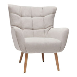 Fauteuil scandinave en tissu effet velours texturé beige et bois clair AVERY