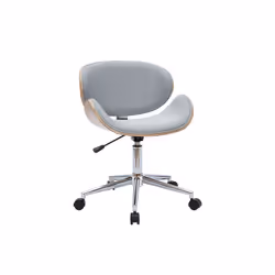Chaise de bureau à roulettes design en tissu gris clair, bois clair et acier chromé WALNUT