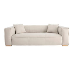 Canapé design 3 places en tissu effet velours naturel et bois clair COBAIN