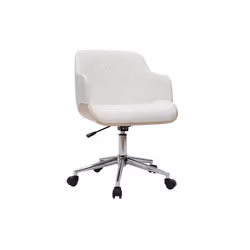 Chaise de bureau à roulettes design blanc, bois clair et acier chromé SANDRO
