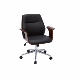 Chaise de bureau à roulettes design noir, bois foncé noyer et acier chromé RUFIN