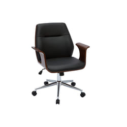 Chaise de bureau à roulettes design noir, bois foncé noyer et acier chromé RUFIN