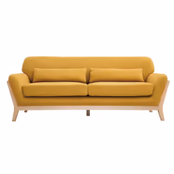 Canapé scandinave 3 places en tissu effet velours jaune moutarde et bois clair YOKO