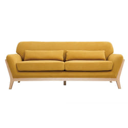 Canapé scandinave 3 places en tissu effet velours jaune moutarde et bois clair YOKO
