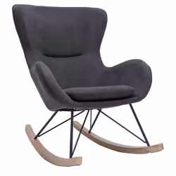 Rocking chair design en tissu effet velours gris foncé, métal noir et bois clair ESKUA