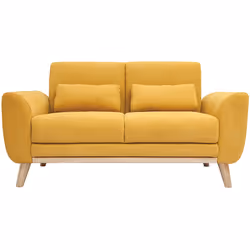 Canapé scandinave 2 places en tissu effet velours jaune moutarde et bois clair EKTOR