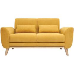 Canapé scandinave 2 places en tissu effet velours jaune moutarde et bois clair EKTOR