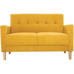 Canapé scandinave 2 places en tissu effet velours jaune moutarde et bois clair MOON