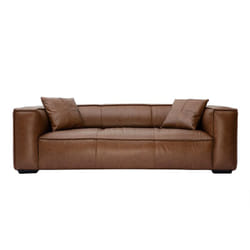 Canapé vintage 3 places cuir marron et bois noir cobain