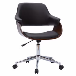 Chaise de bureau à roulettes design noir, bois foncé noyer et acier chromé HANSEN