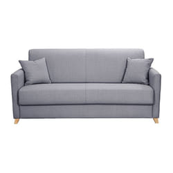 Canapé convertible 3 places en tissu gris clair et bois clair avec matelas 18 cm SKANDY