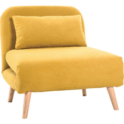 Fauteuil convertible scandinave en tissu effet velours jaune moutarde et bois clair amiko