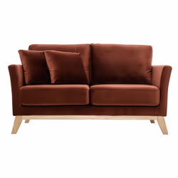 Canapé scandinave déhoussable 2 places en tissu velours rouge tomette et bois clair OSLO