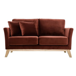 Canapé scandinave déhoussable 2 places en tissu velours rouge tomette et bois clair OSLO