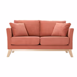 Canapé scandinave déhoussable 2 places en tissu effet velours texturé terracotta et bois clair OSLO