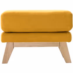 Pouf repose-pieds déhoussable scandinave en tissu effet velours jaune moutarde et bois clair OSLO