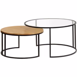 Tables basses gigognes rondes verre trempé, bois manguier massif et métal noir (lot de 2) TAHL