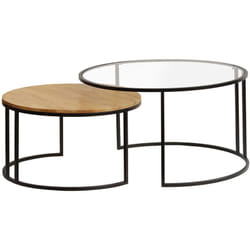 Tables basses gigognes rondes verre trempé, bois manguier massif et métal noir (lot de 2) TAHL