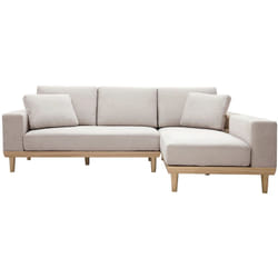 Canapé d'angle droit 5 places avec rangements en tissu effet velours texturé beige et bois clair KOMAO