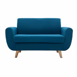 Canapé scandinave 2 places en tissu bleu canard et bois clair PURE