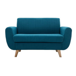 Canapé scandinave 2 places en tissu bleu canard et bois clair PURE