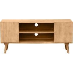 Meuble tv en bois clair manguier massif gravé 2 portes L135 cm rubia