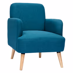 Fauteuil scandinave en tissu bleu canard et bois clair ISKO