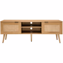 Meuble TV finition bois clair, cannage rotin et métal noir 2 portes L140 cm MANILLE