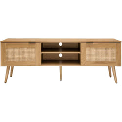 Meuble TV finition bois clair, cannage rotin et métal noir 2 portes L140 cm MANILLE
