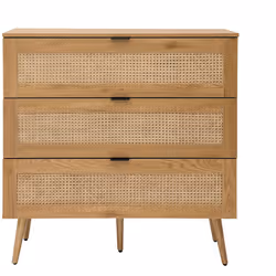 Commode finition bois clair, cannage en rotin et métal noir 3 tiroirs L100 cm MANILLE